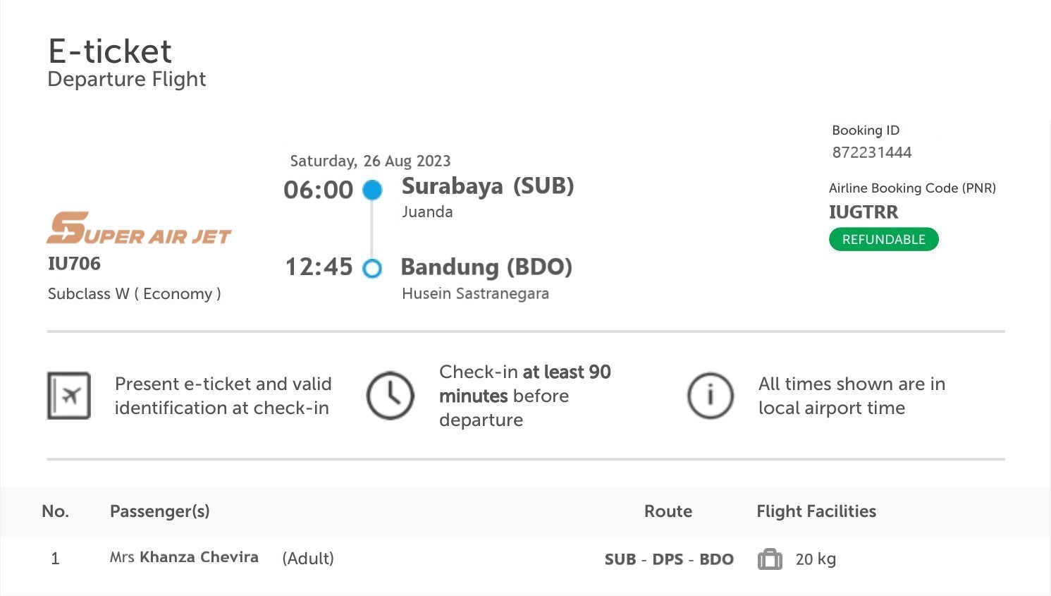 Foto tiket pesawat ke Bandung