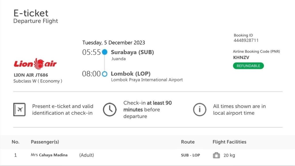 foto tiket pesawat ke lombok